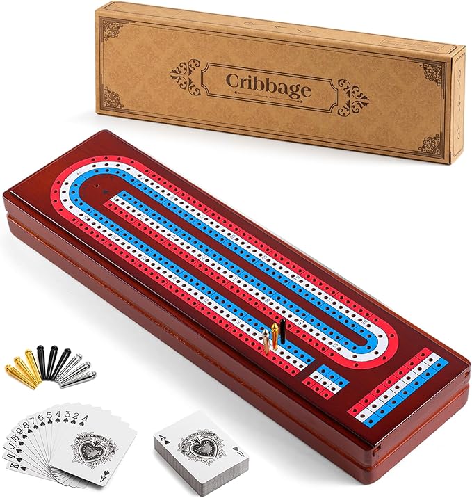Cribbage Board Game Set with Large Storage Area Solid Wood 3 Track Cribbage Board 9 Metal Pegs 2 Playing Cards and Instruction. Travel Cribbage Sets for All Ages(Vintage Color).