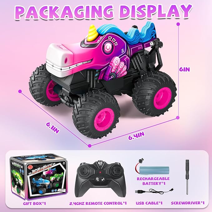Remote Control Car 2.4Ghz Unicorn Rc Monster Truck for Girls Rchargeable Rc Truck with Lights &amp Music 360° Rotating Stunts RC Cars Toys Birthday Easter Gifts for Kids 3-5 6 7 8-12
