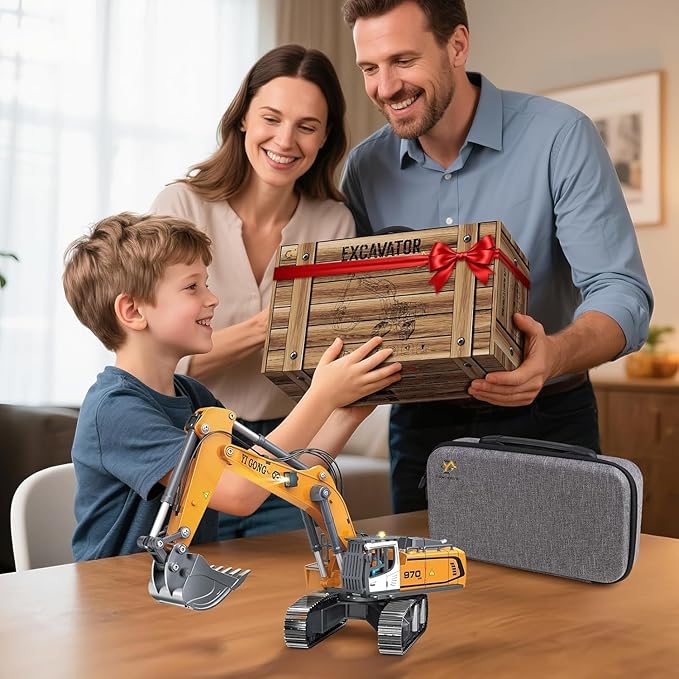 Adult Metal Mini 1:50 Remote Control Excavator is a Screw-Driven Excavator that Comes with Two Batteries and a Carrying case. It's an for Model Enthusiasts and Children