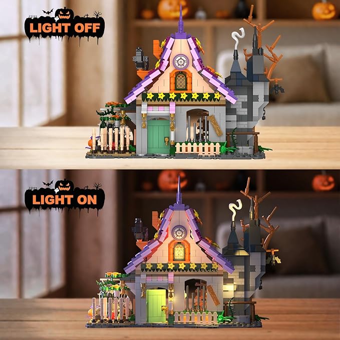 Magic House Set for Witches and Witches Building Set with Lights Over 1200 Halloween Haunted House Building Blocks for Kids and Adults 14 Halloween and Christmas (The Magical Retreat of The Witch)
