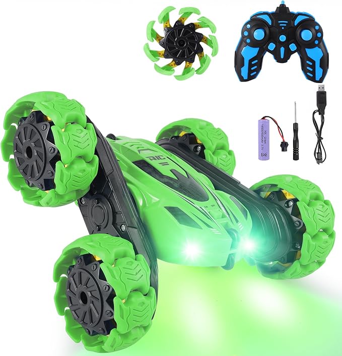 RC Stunt Car 360° Flips &amp Double-Sided Remote Control Truck with LED Lights 2.4GHz High Speed All Terrain Off-Road Toy Car Gift for Boys Girls Kids Ages 6-12 (Green)