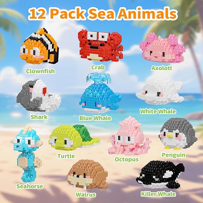 12 Pack Cute Ocean Sea Animal Mini Building Blocks Sets 2642 PCS Micro Mini Building Bricks Toy for Adults Party Favors for Teen Boys Girls 14+