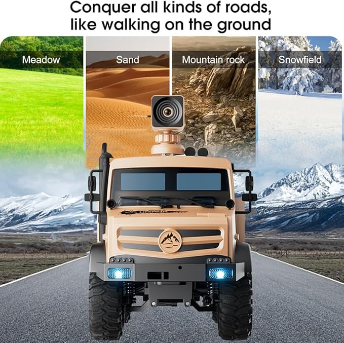 RC Military Truck 1:16 Scale Remote Control Car with Camera All Terrain RC Rock Crawler Off-Road RC Truck 2.4GHz Army Transport Vehicle with 2 Rechargeable Batteries for Adults Beige