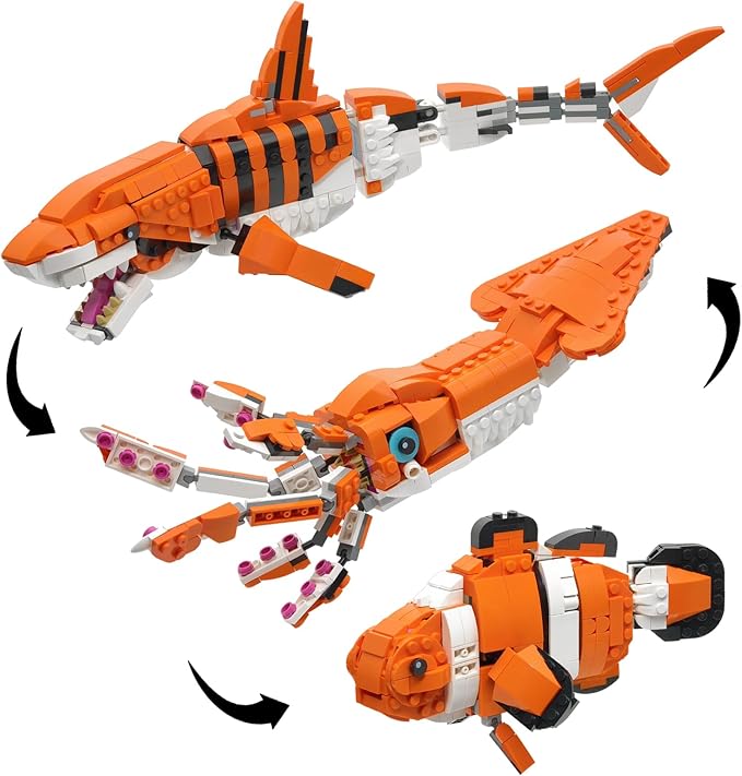 3 in 1 Ocean Creatures Building Set Compatible with Lego 630 Accessory Shark Giant Squid Clownfish Build 3 Animal in 1 Set Gift for Birthday 566Pcs
