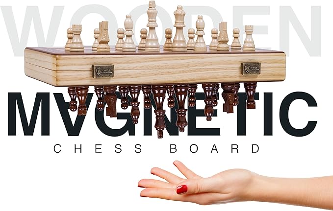 15 Inch Magnetic Wooden Chess Set for Adults &amp Kids - Folding Travel Chess Board with Handcrafted Staunton Pieces Extra Queens and Storage Slots