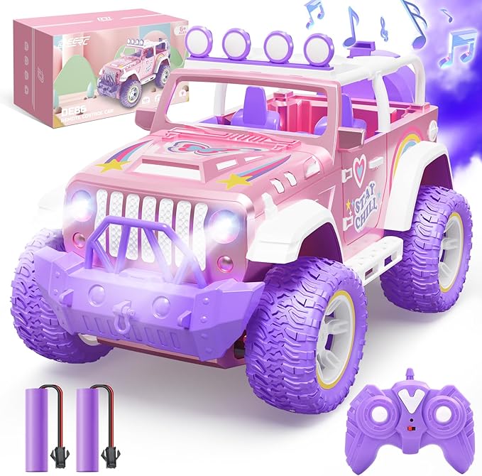 DEERC Pink Remote Control Car for Girls with Fog Mist &amp Music 1:16 RC Car with LED Lights for Kids 2.4Ghz All Terrain SUV Truck Gifts Off-Road Racing Vehicle Toy Car Girls Toys