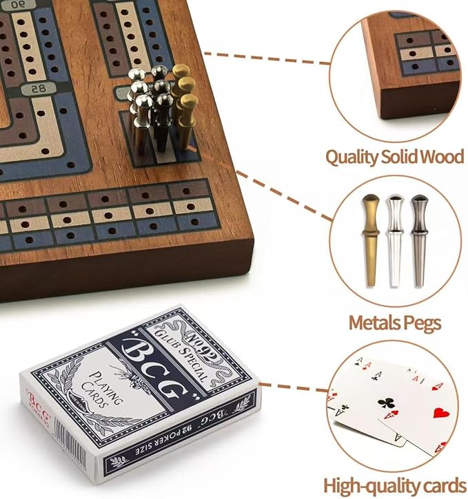 Wooden Cribbage Board Game Set Travel Cribbage Board with Storage and Collapsible with Magnetic Lock / 9 Metal Pegs/Full Deck of Cards Family Board Games for Adults