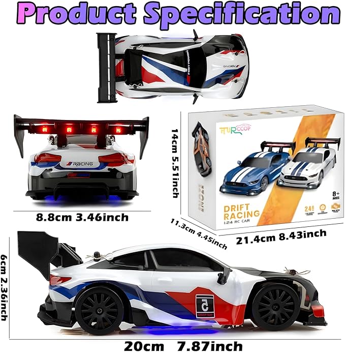 RC Drift Car 2.4GHz 1:24 Scale 4WD 25KM+/H High Speed Model Vehicle with LED Lights Drifting Tire Racing Sport Toy Car for Adults Boys Girls Kids Gift (White)