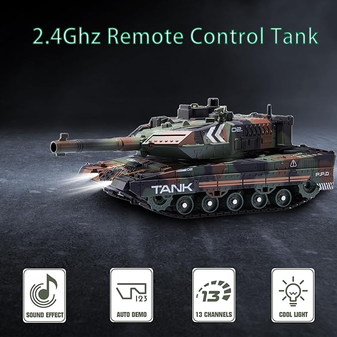 RC Tank That Shoots - 2.4Ghz Remote Control Army Tank with Smoke Lights Sounds 360° Rotating Turret Auto Demo 13 Channel Military Vehicles Model Gift for Boys 6-8