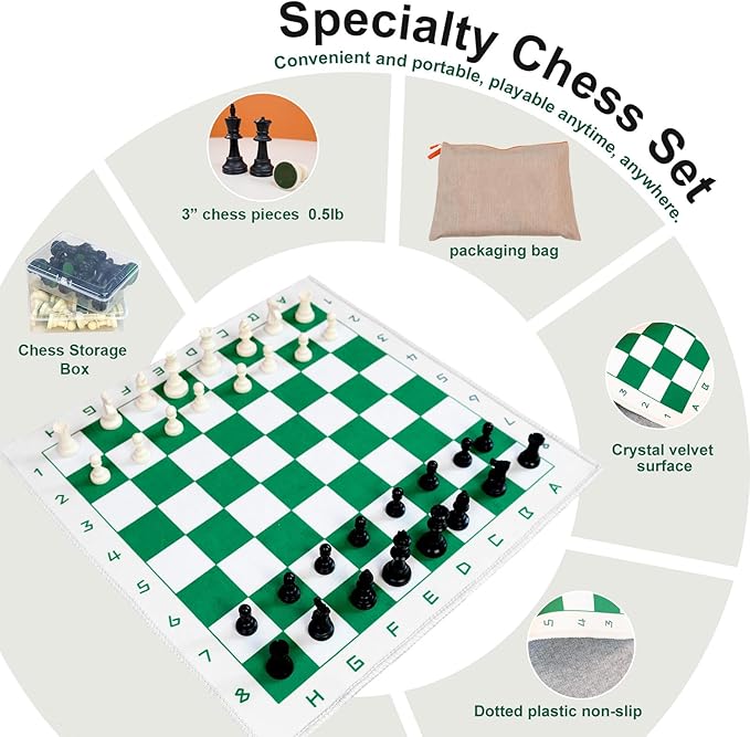 Chess Set with Green &amp White 19.7x19.7 Foldable Board 3 Non-Weighted Standard Pieces Portable Travel Chess Game for Kids &amp Beginners Classic Strategy Set with Storage Bag