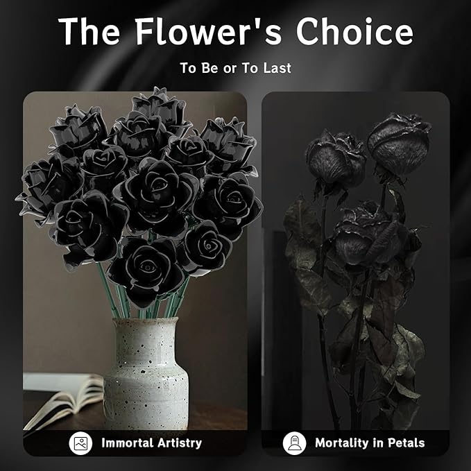Black Roses Bouquet Building Set Artificial Flowers Botanical Collection Building Block for Adults Gothic Home Decor for Women Girls Compatible with Lego Flowers 585 PCS