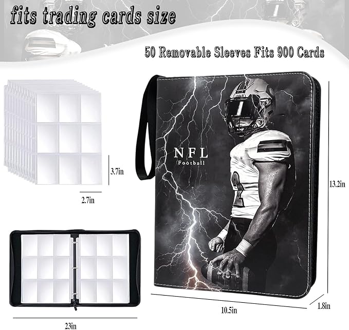 Football Card Binder 900 Pockets Trading Card Binder 9 Pocket with 50 Removable Sleeves Fits 900 Sport Cards 3 Ring Card Holder Binder with Zipper Collector Storage Album