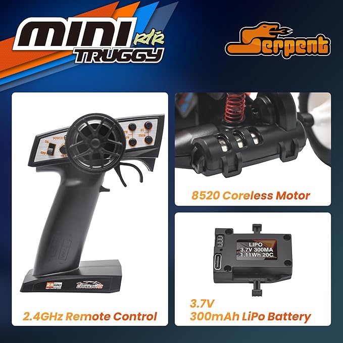 Serpent 1:24 Mini 2WD Truggy RTR 1/24 Scale 2.4GHz Short Course Truck All Terrain Off-Road Buggy RTR High Performance with 1 Battery 1 USB Data Cable