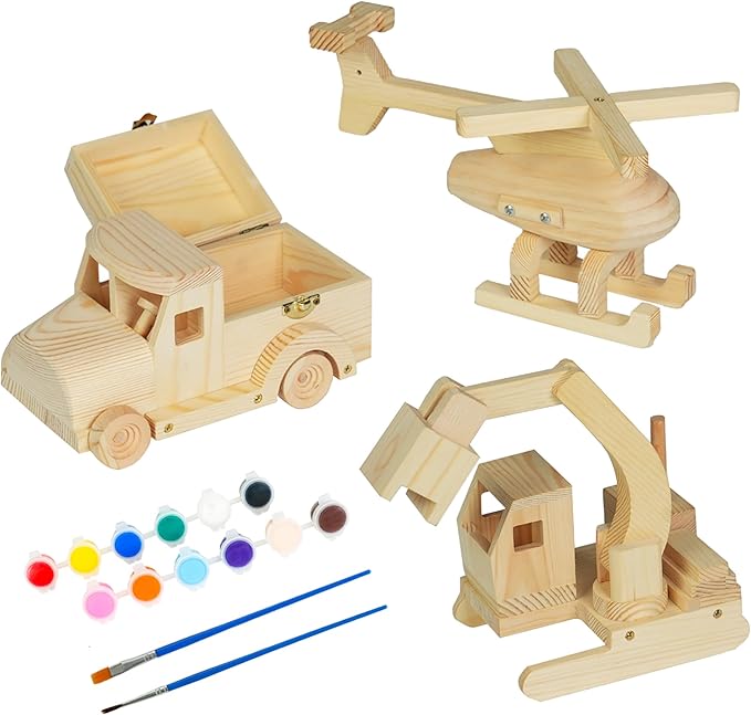 Easy Playhouse: Wood Building Toy Kit - DIY 3 Vehicle Projects: Helicopter Truck &amp Excavator 12 Paint Colors &amp 2 Brushes Arts &amp Craft Set Kids 8+