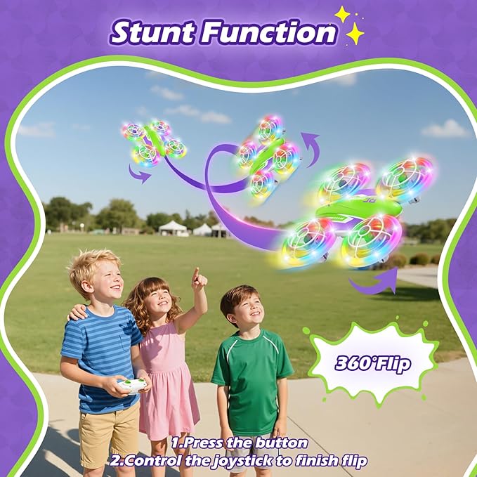 LED RC Drone for Kids 6+ Christmas Birthday Gift for Boys &amp Girls with Remote Batteries 360° Flip High Speed Mode 45 Min Flight Indoor and Outdoor Flying Toy - Green Purple