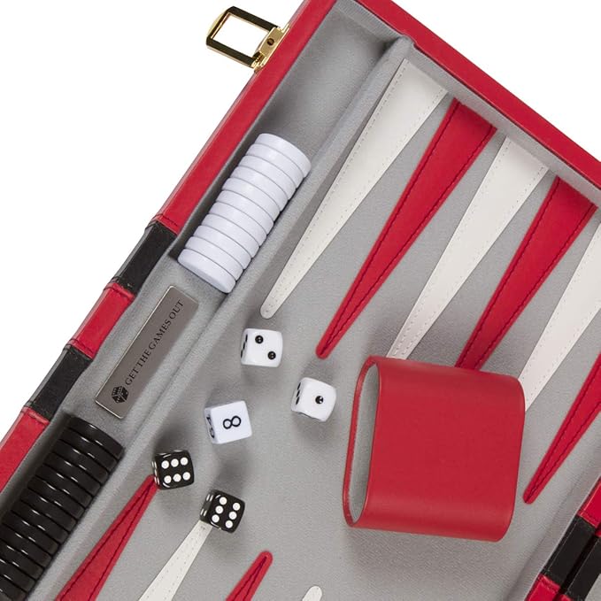 Get The Games Out Top Backgammon Set - Classic Board Game Case - Best Strategy &amp Tip Guide - Available in Small Medium and Large Sizes (Red Medium)
