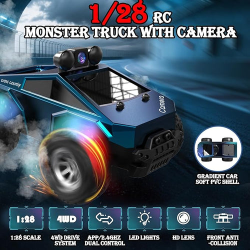 1:28 Scale FPV Monster Truck RC Cars with 720P HD Camera 2.4GHz Remote Control Car All-Terrain Off-Road RC Truck with Body Light 2 Rechargeable Batteries Toy Gift for Kids Adults Boys