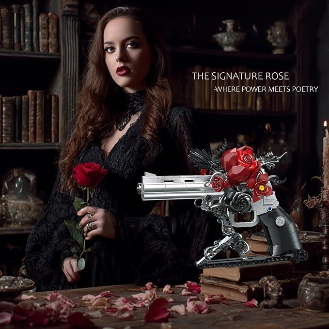 Guns &amp Petals Decorative Revolver Building Blocks with Red Roses Silver and Black Colored Art Sculpture Gothic Style Display Piece