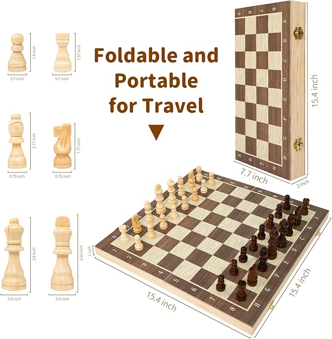 Magnetic Wooden Chess Board Set – 15.3 Folding Travel Chess Sets with Storage Slots – 2 Extra Queens Chess Board Set for Kids Adults Beginners – Portable Chess Game with Pieces Storage