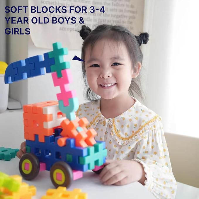 Advanced 3D Interlocking Soft Building Blocks for Kids 100+ Pcs STEAM Construction Set with Figures &amp Pets Sensory Educational Toy for Preschoolers 3-8 with Building Manual &amp Storage Bin