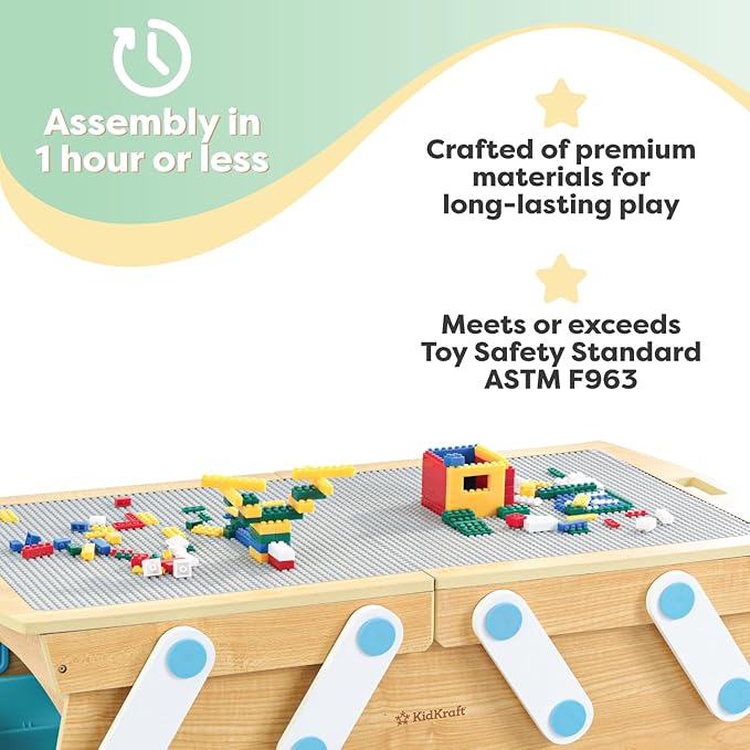 KidKraft Building Bricks Play N Store Wooden Table Children's Toy Storage with Bins 200+ Building Blocks Included Natural Gift for Ages 3+