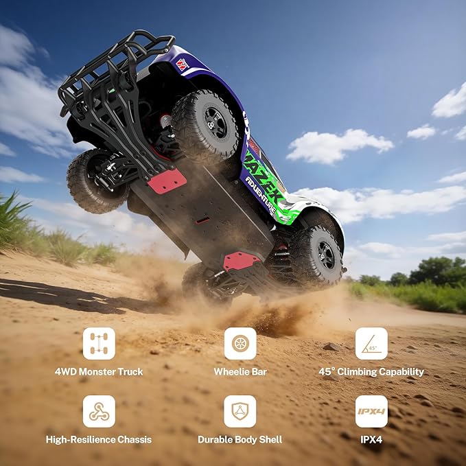 Hosim Fast RC Cars for Adults Brushless 1/10 Scale MAZEK 4x4 Off-Road Electric All Terrain Hobby Grade Monster Truck with 3S Lipo Battery &amp 100A ESC 4S Ready RC Truck Waterproof Remote Control