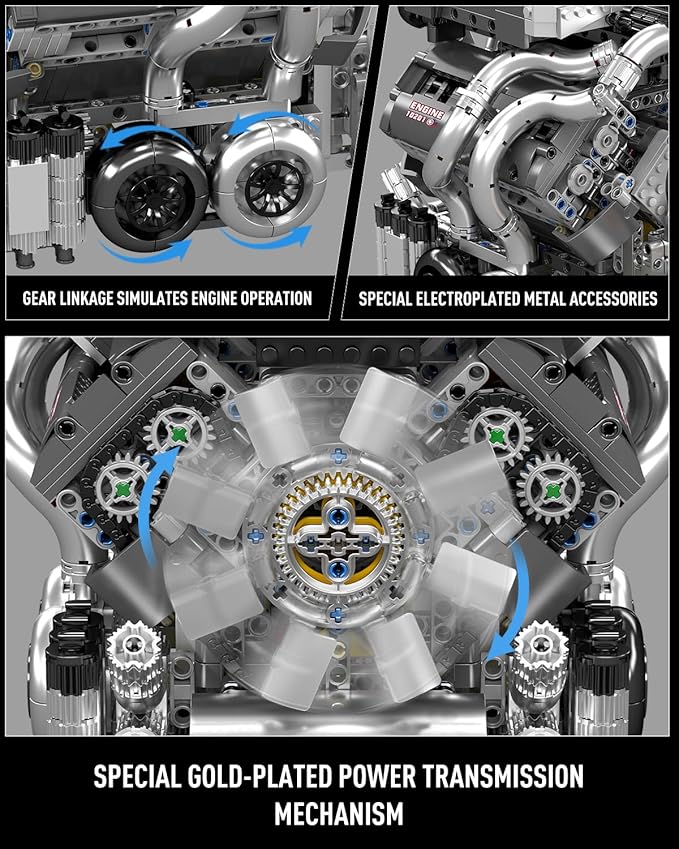 Mould King 10201 W16 Engine Model Kit MOC Bug Supercar Engine Model with Battery and Motor Collectable 16-Cylinder Car Engine Transmission Shiftable Gear Operation for Adults (2024+ PCS)