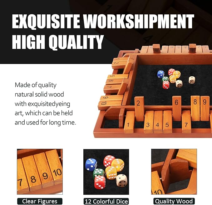 Upgraded 1-4 Players Shut The Box Dice Game Wooden Board Table Family Game for Kids and Adults with 12 Dice Classic Tabletop Math Game for Pub Classroom Party Gift for Christmas Birthday