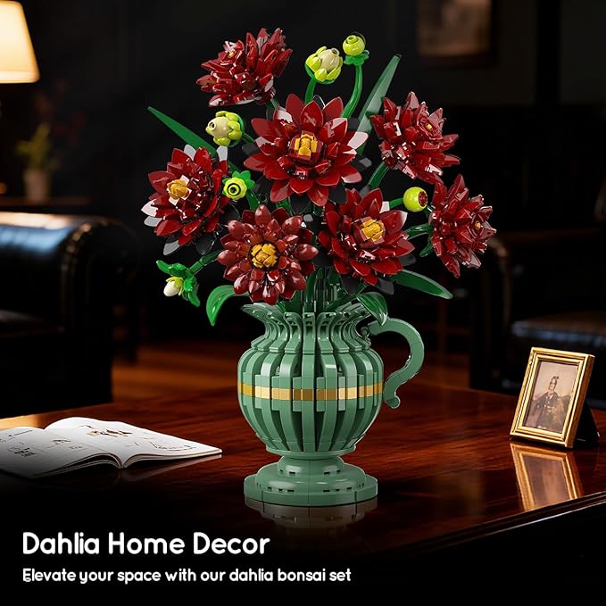 Dahlia Flowers Building Set with Vase Easter Flower Bouquet Botanical Collection Building Block Toy 1482 PCS Gothic Artificial Plant Bonsai Kit Gift for Her Adults Kids Girls 12+