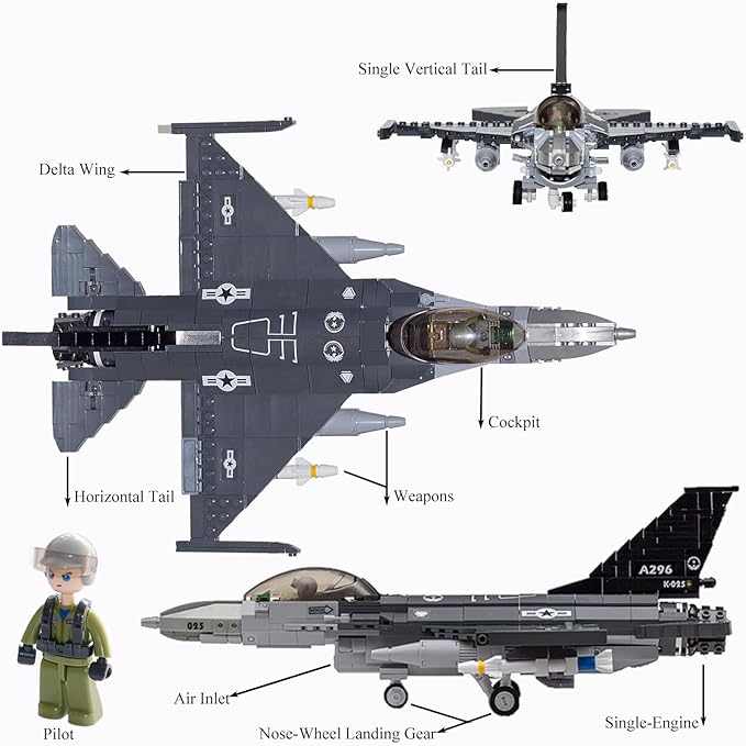 F16 Fighter Jet Model Military Plane Building Blocks Set (521 Pieces) for Army Airplane Lovers Kids (8+Years) and Adults