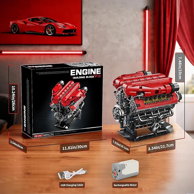 V12 Engine Model Kit That Runs 12-Cylinder Sports Car Engine Building Set with Rechargeable Motor Compatible with Lego for Adults Engineering Construction STEM Toy for Teens (1607 PCS)