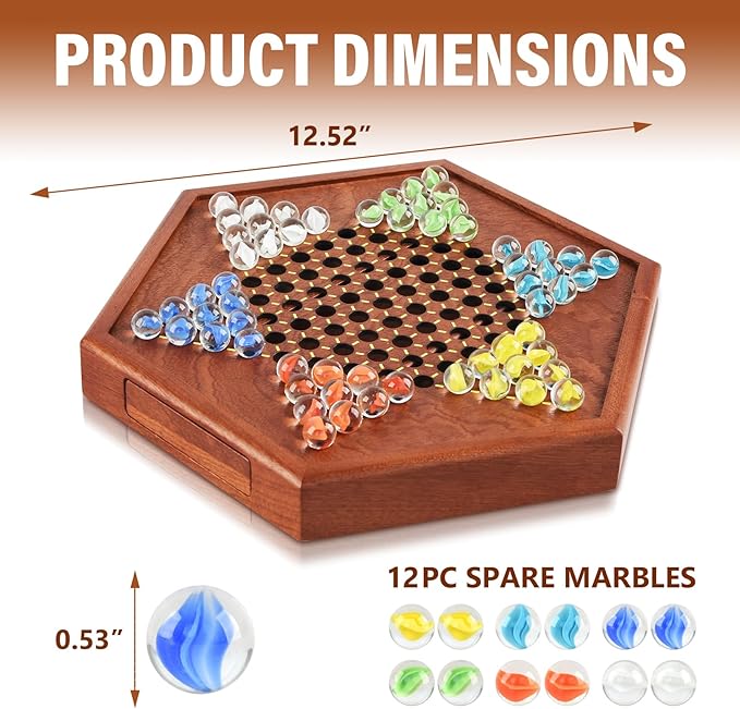 12.7 Inches Wooden Chinese Checkers Set with Storage Drawer -60 Glass Marbles in 6 Colors -12 Bonus Spare Marbles| Chinese Checkers Board Game for Kids and Adult