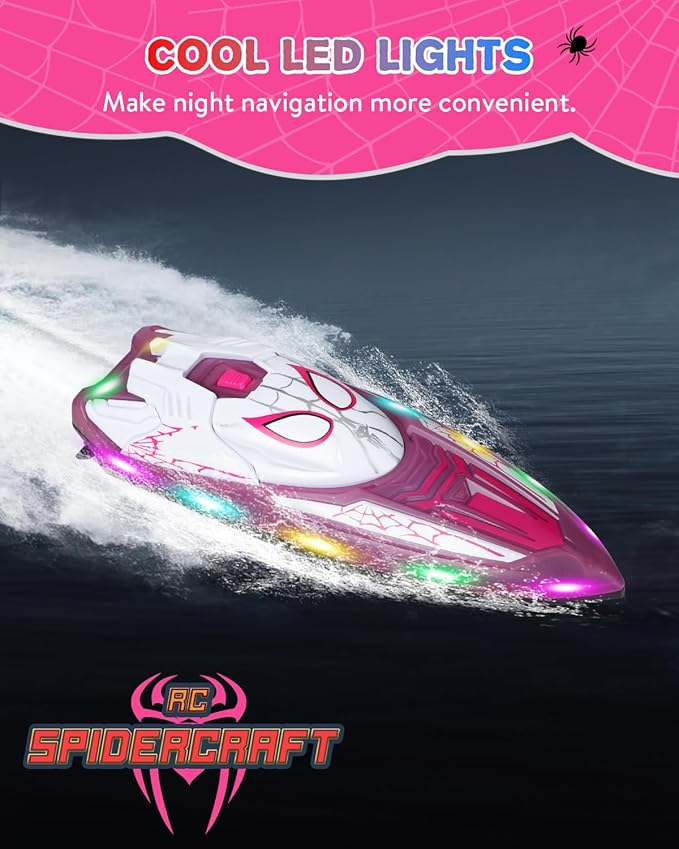 Spider Hero RC Boat 2.4GHz Remote Control Boat with LED Lights for Kids Pool Toy with 2 Rechargeable Batteries Spray Function and Low Battery Alarm for Boys &amp Girls (Spider Girl)