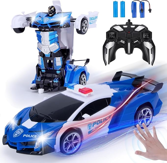 Wrystte Remote Control Police CarGesture Sensing Transform Robot 2.4G RC Cars Toys for Ages 4-12Boy Toys with Light MusicOne Button Deformation360 Rotating Drift Xmas Birthday Gift for Boys Girls