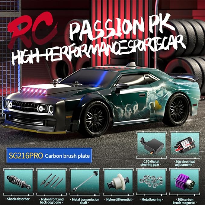 SG216 1/16 RC Drift Car for Adults 2.4G Full-Proportional 4WD Mini Remote Control Racing Car with LED Lights 40KM/H Electric 1 Battery Sports Cars Toy Gift -RTR/Carbon Brush
