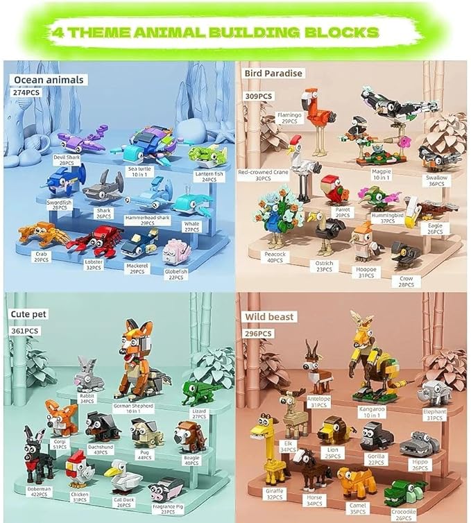 40 Packs Animal Party Favors for Kids - 1240PCS Mini Animal Building Block Set for Goodie Bag Fillers Valentines Day Classroom Prizes Easter Birthday Gifts for Boys Girls Students
