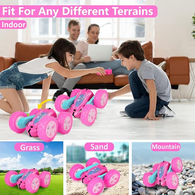 FREE TO FLY Remote Control Car for Girls : Pink RC Car Double Sided 360°Flip Stunt Cars with Headlights &amp WheelLights Rechargeable Toy Car Birthday Gifts for Girl Kids Age 6 7 8 9 10 11 12 Year Ol
