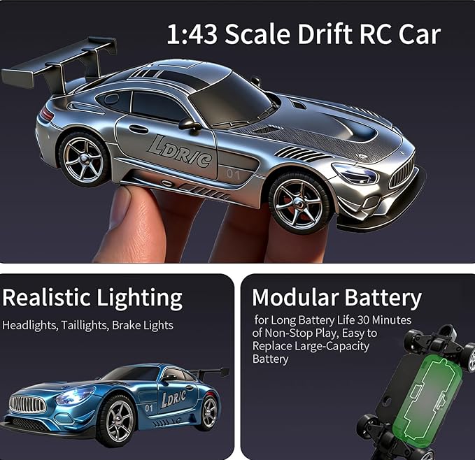 LDRC LD4301 1:43 Scale RC Drift Mini Car 2.4G Remote Control Car with Alloy Shell Built-in Gyroscope Mini Desktop Racing Vehicle for Indoor/Outdoor Play (Grey)