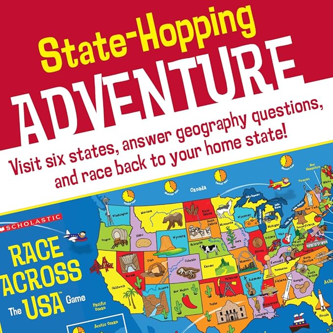 University Games Scholastic Race Across the USA Board Game  Geography Learning Game for Kids and Families for 2 to 4 Players Ages 8 and Up