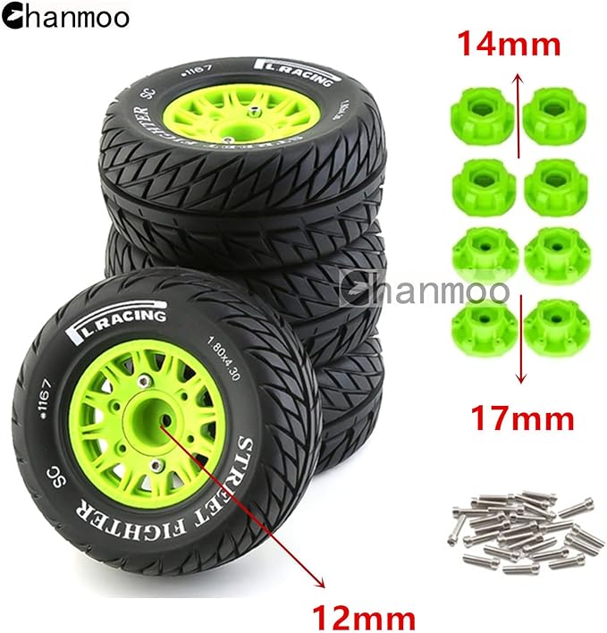 1/10 RC Short Course Truck Tires And Wheels With 12mm 14mm 17mm Hex 113mm 1/8 Rubber Tyres For 1/8 or 1/10 Scale On Road Car HSP Sonic 94102 GT PTG-2 Tamiya TT02 RC Racing Car 4PCS (Green B)