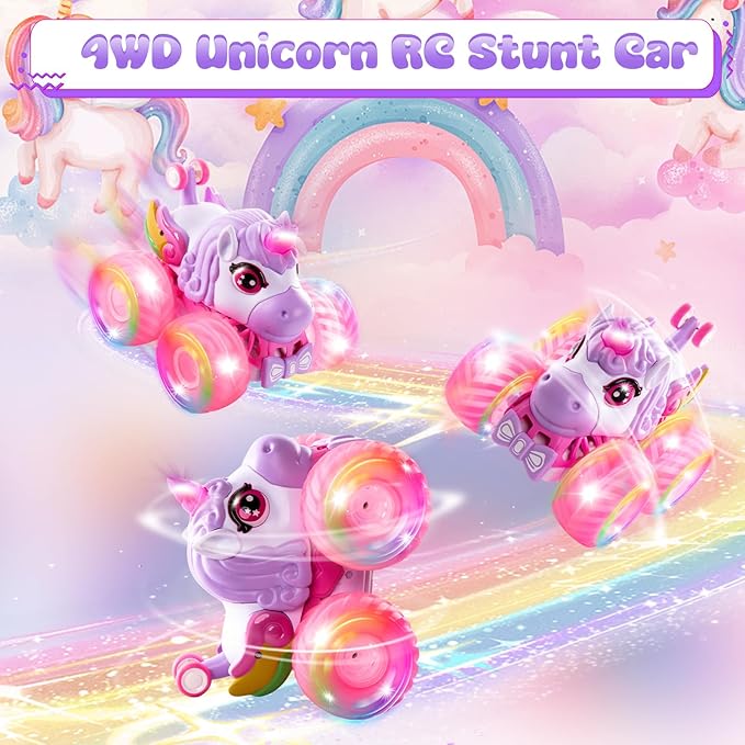 Remote Control Car Unicorn Monster Trucks for Girls 360° Rotating 4WD Stunt RC Cars with LED Lights and Music 2.4GHz Toy Various Terrain Pink RC Cars Birthday Gifts for Kids Girl Age 3-12 (LY-023)