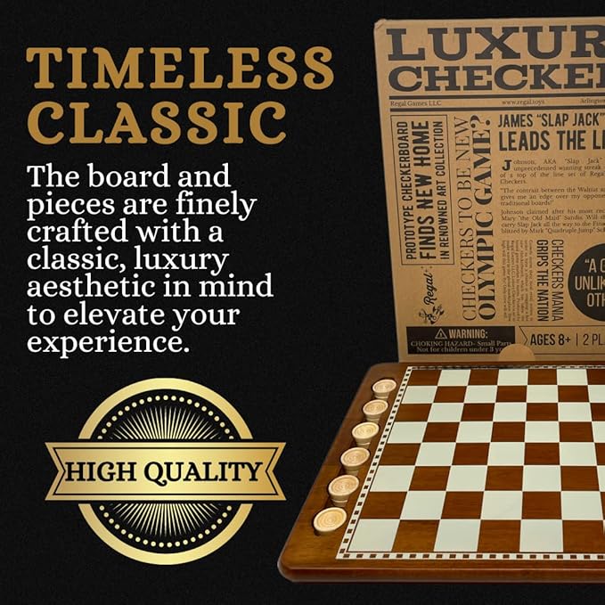 Regal Games Luxury Checkers Board Game for Adults &amp Kids - Classic Wooden Board Game Set with 24 Checkers Pieces - Travel and Portable Table Games (Ages 8+)