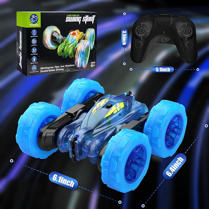 Remote Control CarStunt RC Cars For Kids with Colorful LightFast USB-C ChargingDouble-Sided 360° Rotating Rechargeable 4WD RC Truck Car Toys for Ages 5-7 Gift for Boys Girls Ages 8-12(Blue)