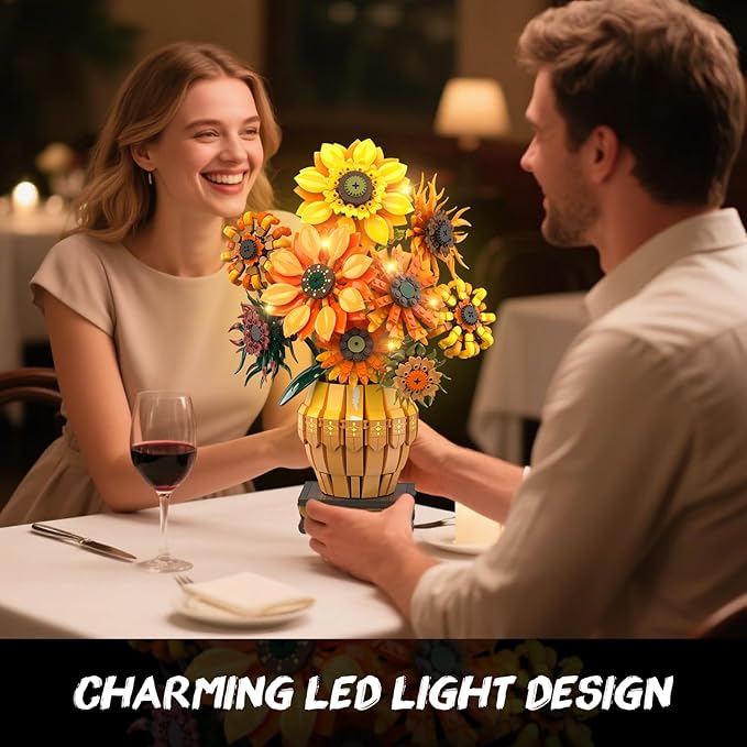 Sunflower Building Set with Lights Vase Base Flowers Botanical Collection Building Block Valentine's Day 1180PCS Art Bouquet Bonsai Plant Building Kit Gift for Adults Teens Girls Boys 12+