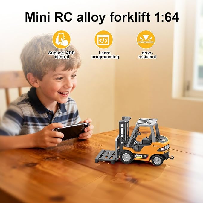 mini RC Forklift Toy - 1:64 Alloy Remote Control Crane with Liftable ForksSTEM Educational Construction Vehicle for Kids Age 6-12Christmas Birthday Gift(mini Forklift)