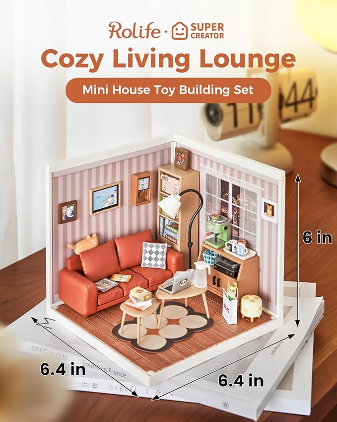 Rolife DIY Miniature Plastic House Building Set Toys Playset with LED Suitable for Mini Figures Construction Toys Diorama Kit Gifts for Adults (Cozy Living Lounge)