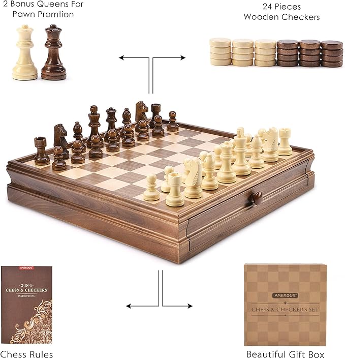 AMEROUS 15 x 15 Wooden Chess &amp Checkers Set with Built-in Storage Drawers/Weighted Chess Pieces / 2 Bonus Extra Queens / 24 Cherkers Pieces/Classic 2in1 Board Games for Kids Adults