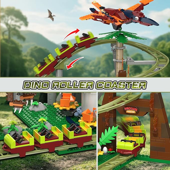 HOGOKIDS Dinosaur Roller Coaster Building Set - 1222 PCS Roller Coaster Building Toy with 4 Dinosaur Off-Road Vehicle Food Cart Dinosaur Models Playset Gifts for Adults Girls Boys Ages 8-12 Years