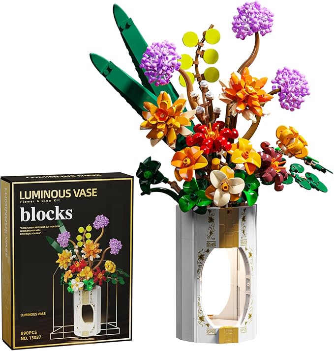 FANTASY&ampCo. Elegant Floral Display Building Kit with Vase | DIY Flower Bouquet Blocks for Adults &amp Teens | Unique Home Decor Centerpiece | Perfect Festival Gift for Family (890+ Pcs)
