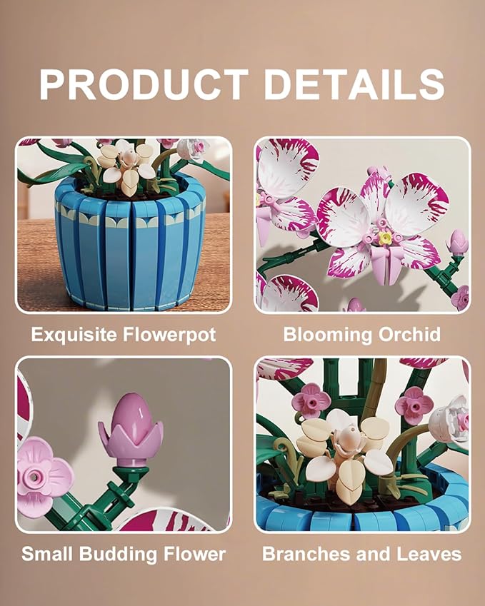 Flowers Botanicals Pink Orchid Building Set - Artificial Flower Building Blocks for Adult Women Indoor Plant Home Decor Bonsai Mother's Day Birthday Gift for Adults Kids Girls 8+ (779 PCS)